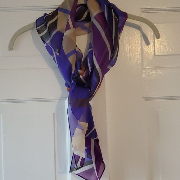 ANNE KLEIN SILK GEOMETRIC GRAPHIC SCARF WRAP PURPLE BLACK WHITE TAN ORANGE - Picture 7 of 11